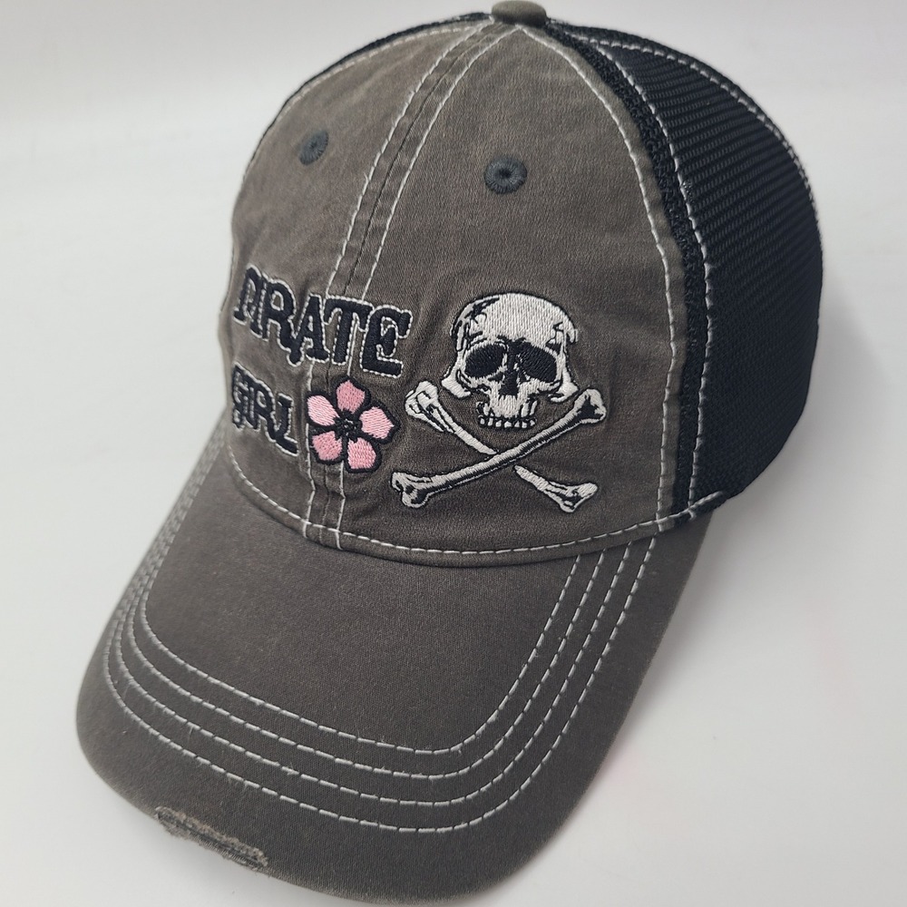 Women Pirateheads Hat Snapback Trucker Mesh Gray Black Pirate Girl Skull Flower